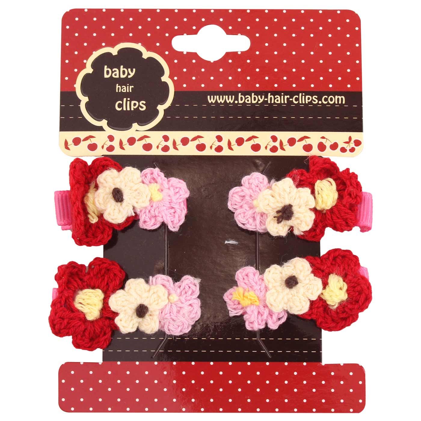 Bebecroc Crochet Flower Clips(2pcs)Red+Cream+Pink - 2