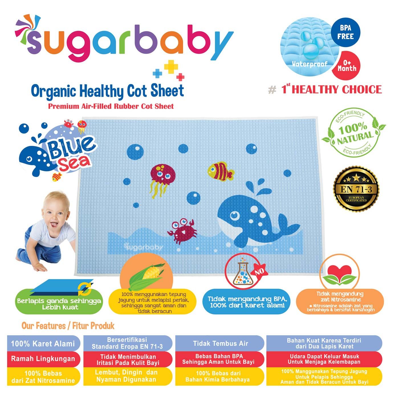 Sugar Baby Premium Air Filled Rubber Cot Sheet Blue Sea - 2
