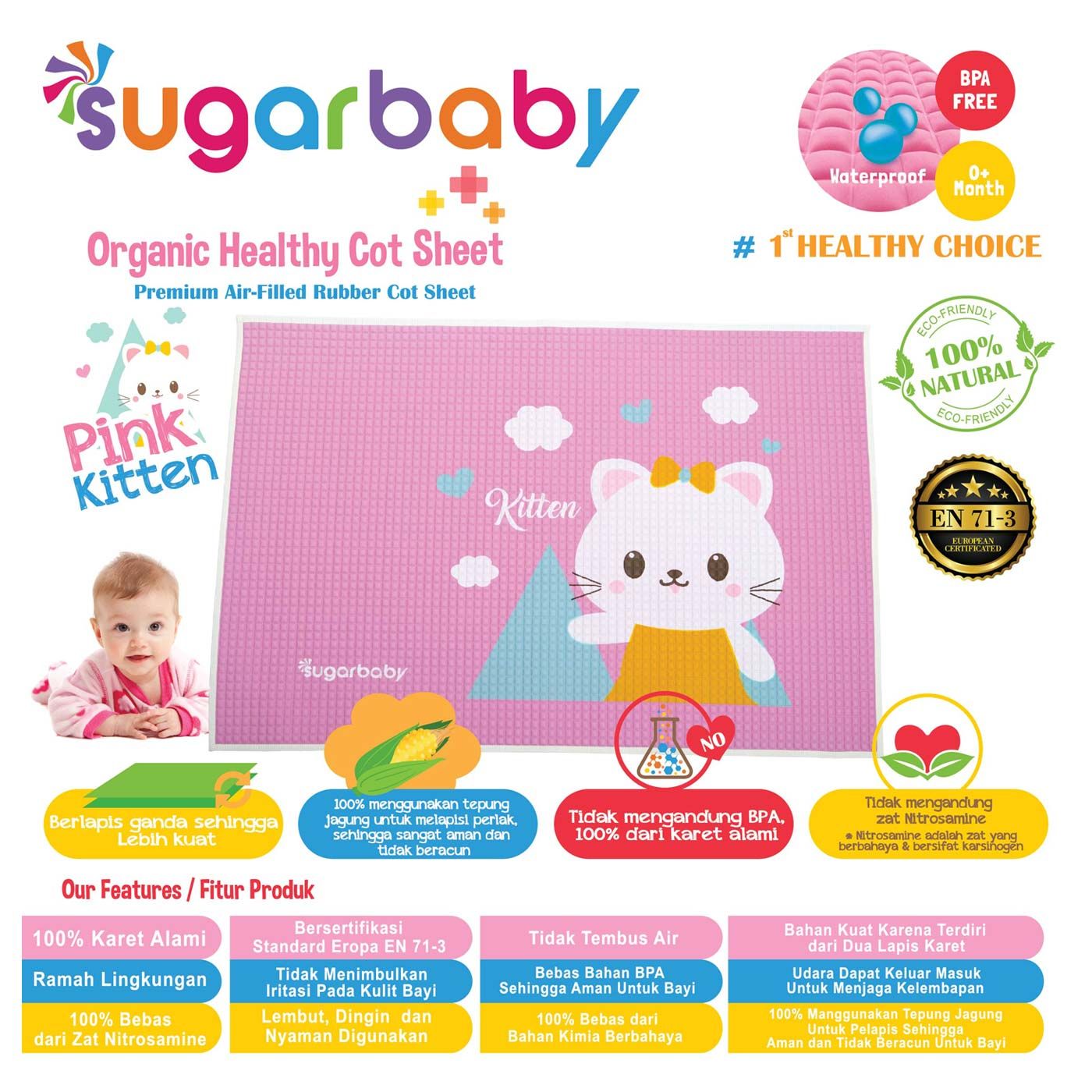 Sugar Baby Premium Air Filled Rubber Cot Sheet Pink Kitten - 2