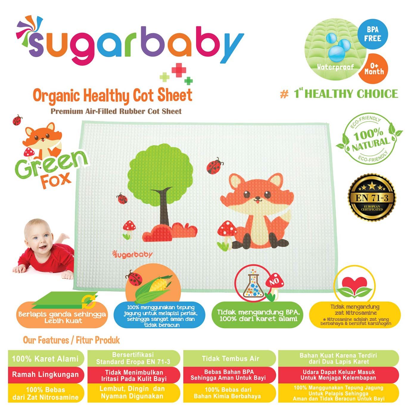 Sugar Baby Premium Air Filled Rubber Cot Sheet Green Fox - 2