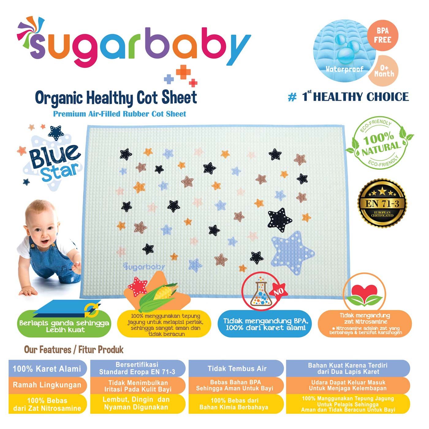 Sugar Baby Premium Air Filled Rubber Cot Sheet Blue Star - 2