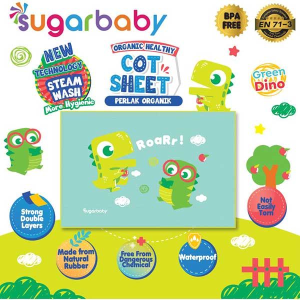 Sugar Baby Organic Healthy - Premium Air Filled Rubber Cot Sheet - Green Dino - 1