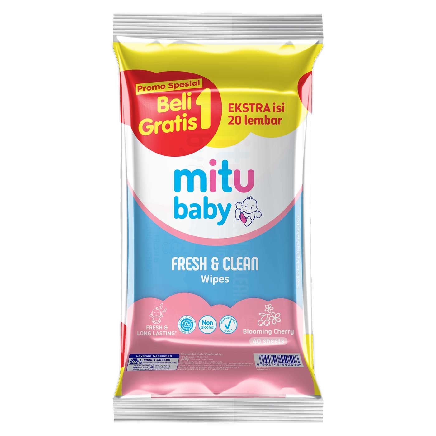 Mitu Baby Wipes Fresh n Clean Pink 40s Buy 1 Get 1 Extra 20s - 1