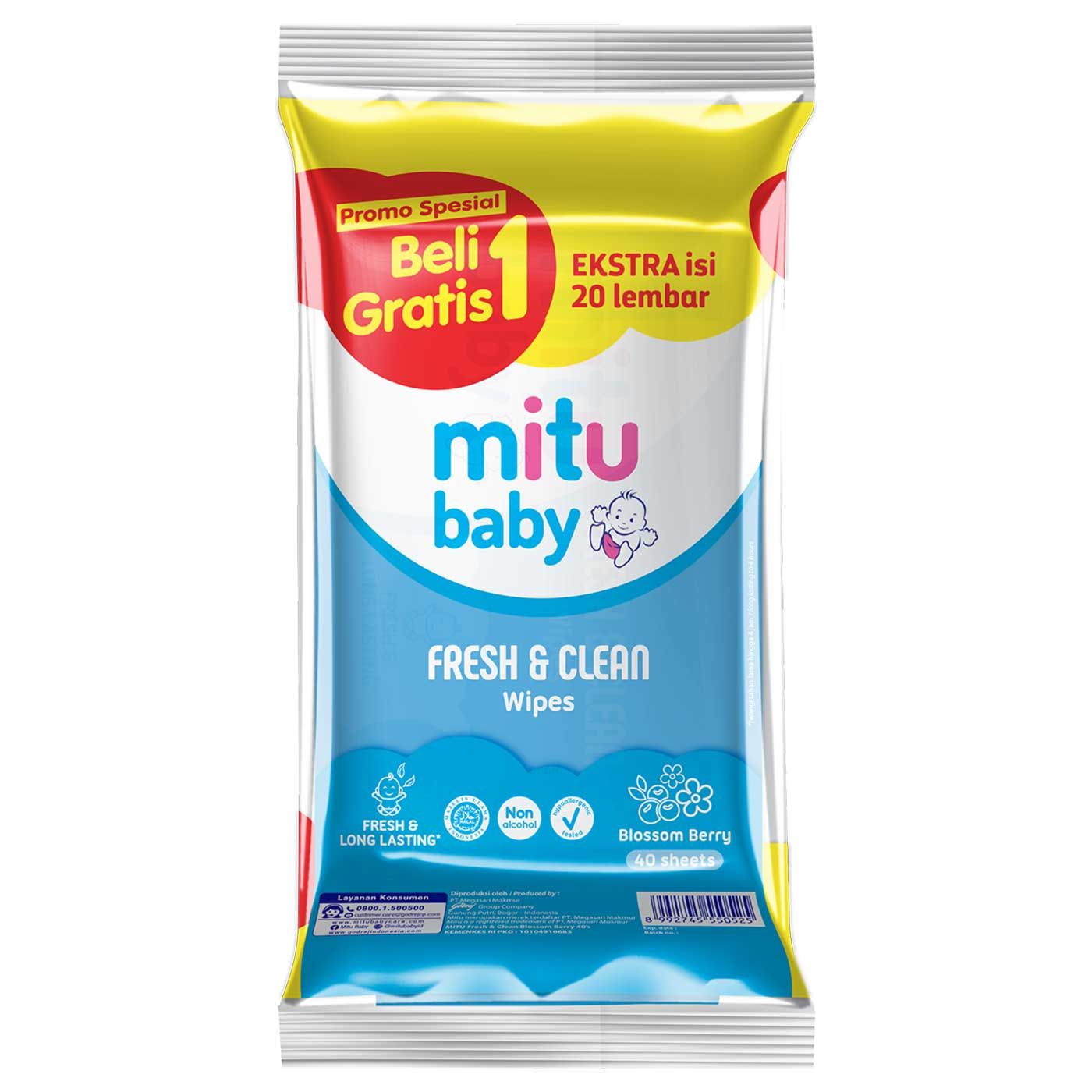 Mitu Baby Wipes Fresh n Clean Blue 40s Buy 1 Get 1 Extra 20s - 1