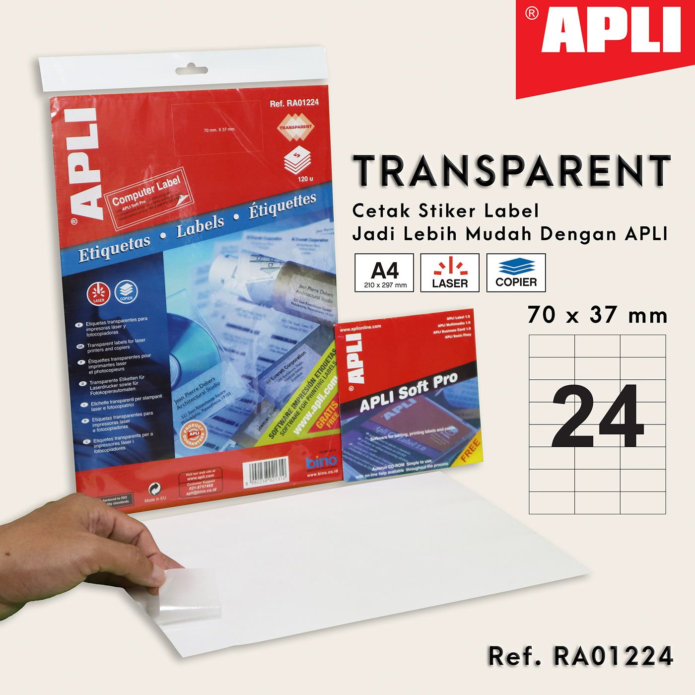 Apli Stiker Label Polyester A4 Transparent 70 X 37 - Ra01224 - 1