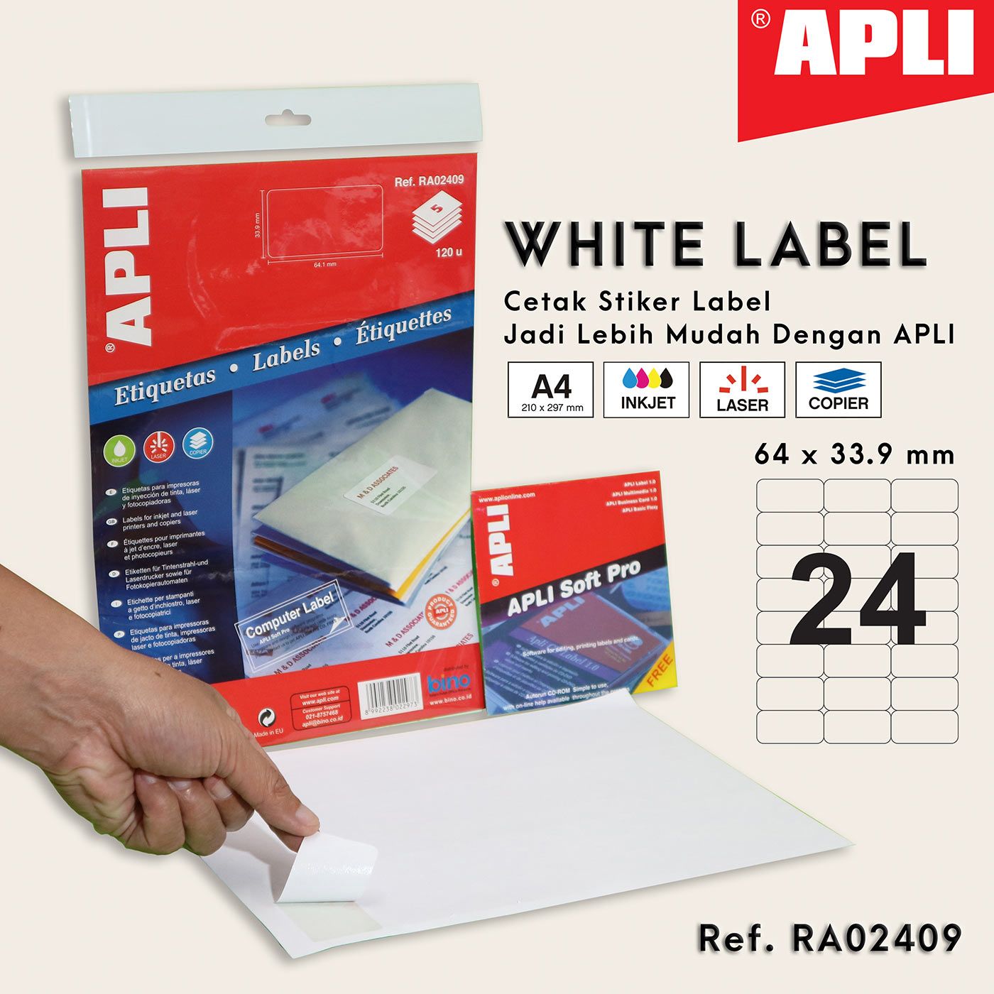 Apli Stiker Label White Paper A4 64 X 33.9 Mm - Ra02409 - 1