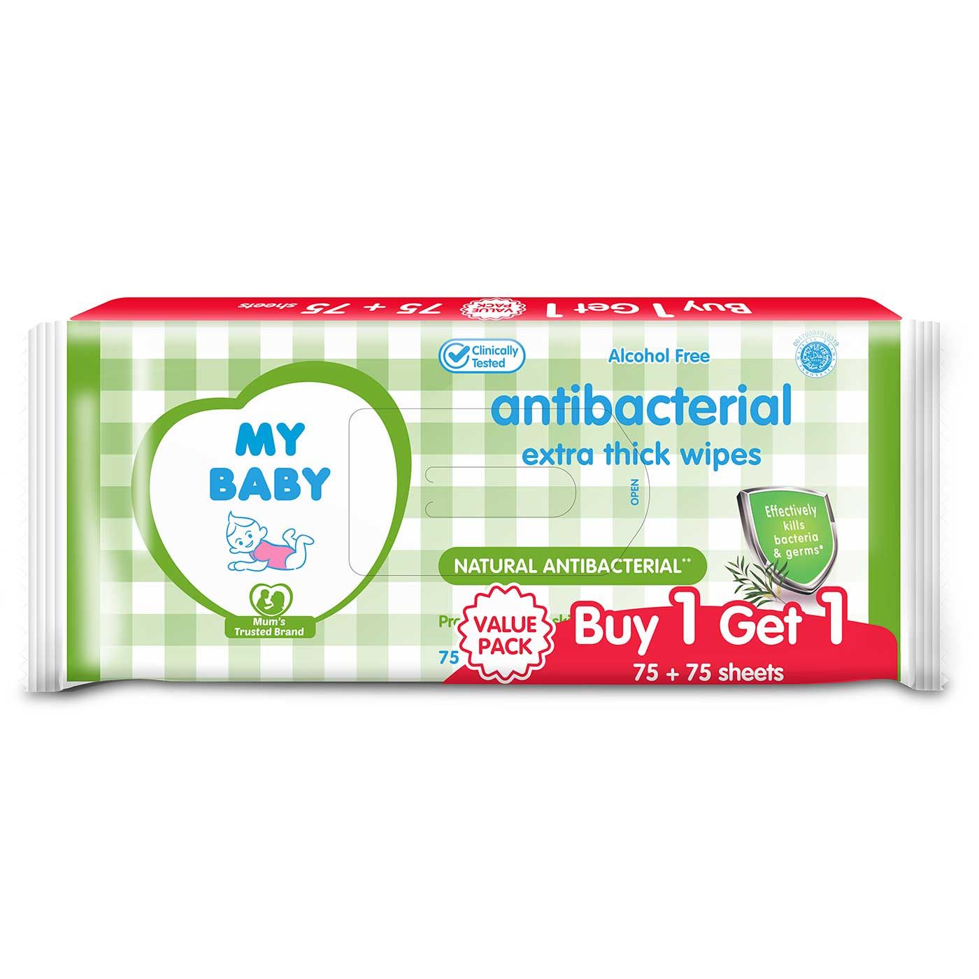My Baby Extra Thick Wipes Antibacterial 75+75 Sheets Tisu Basah - 2