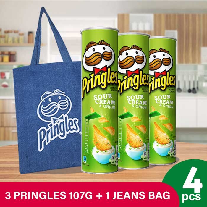 [BUNDLE 3pcs] Pringles Sour Cream & Onion 107gr Free Jeans Bag - 1