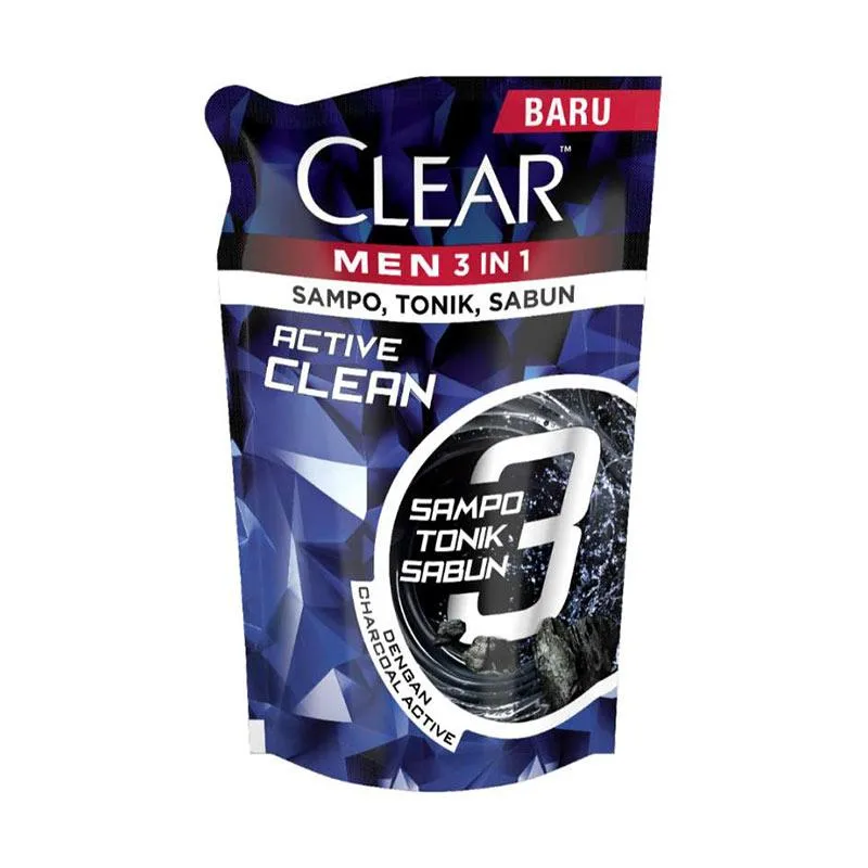 Clear Men 3-In-1 Shampo Active Clean Pouch 280Ml - 1