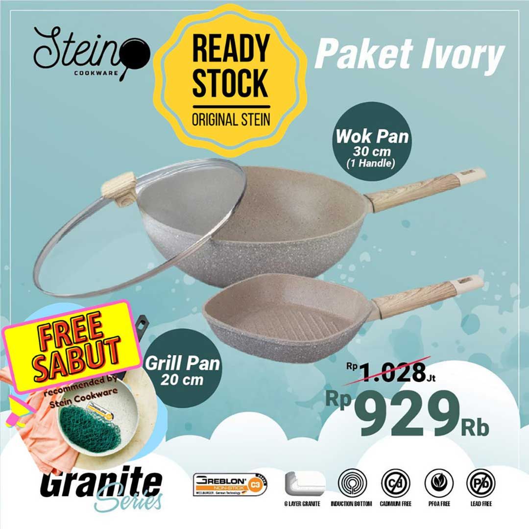 Stein Cookware Paket Ivory 2 Panci (Wok 30Cm + Grill Pan 20Cm) - 1