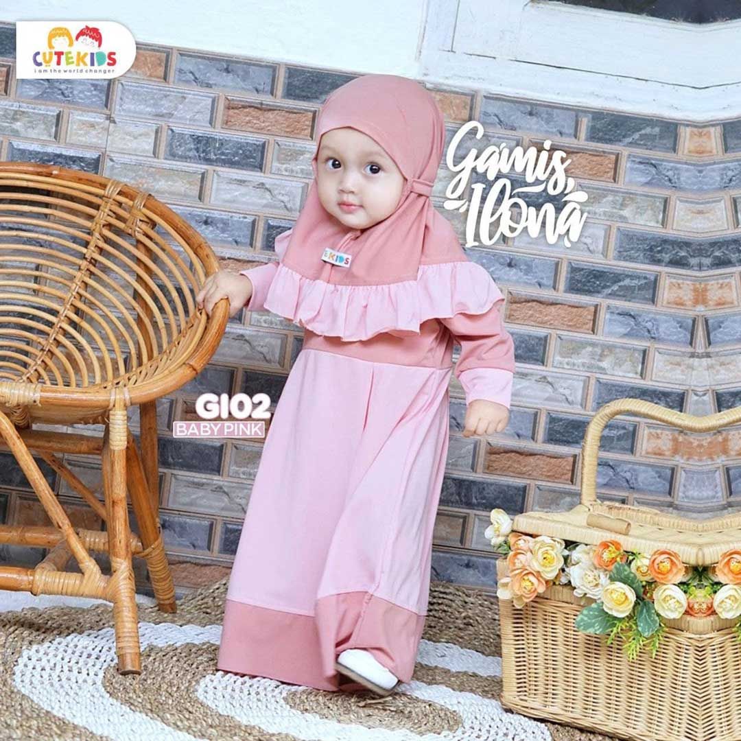 Cute Kids Set Gamis hijab Anak Setelan Gamis Hijab Anak Lucu GI02 Baby Pink L - 1