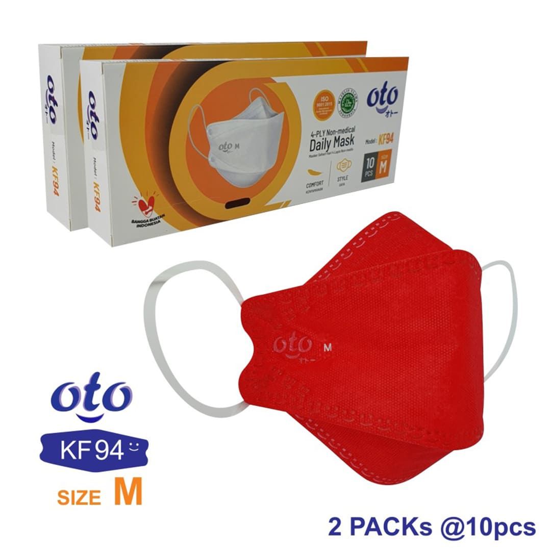 OTO Masker KF94 Face Daily Mask 4 ply 2 pack x 10 pcs ( 20pcs ) -MERAH - M - 1