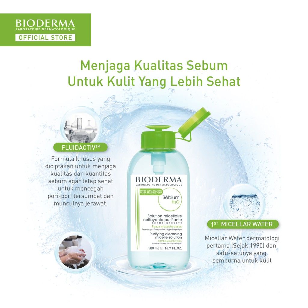 Bioderma Sebium H2O 500 ml Pump - Micellar Water untuk Kulit Kombinasi / Berminyak / Berjerawat - 2