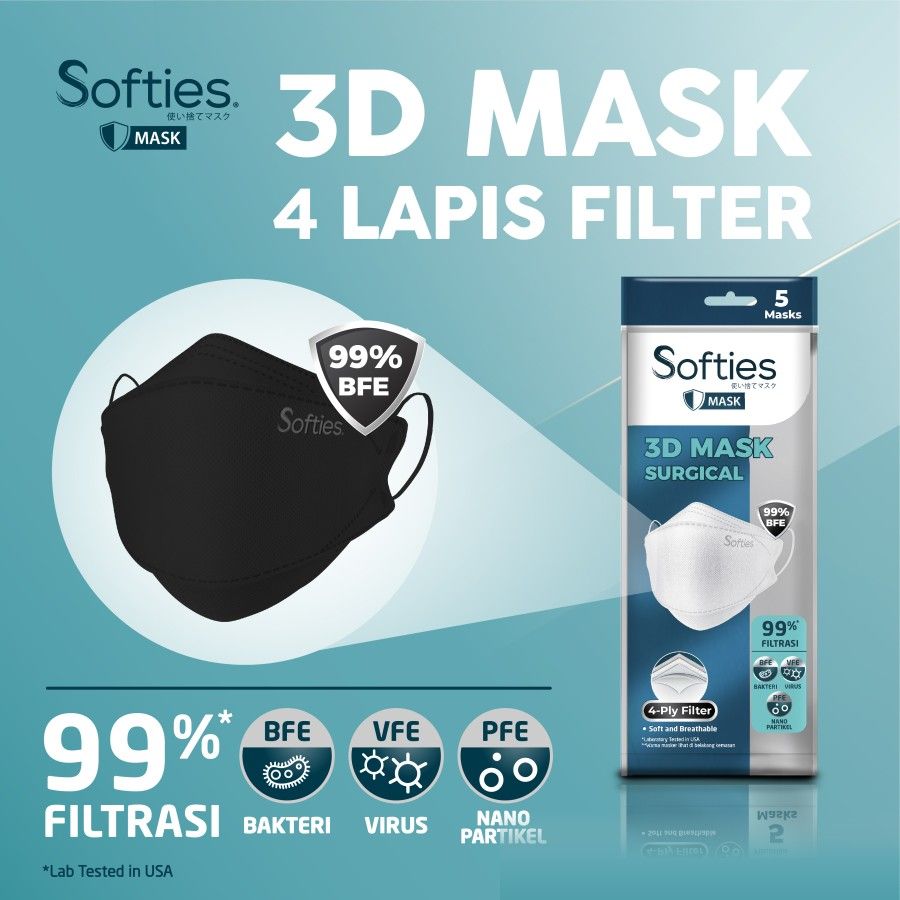 Softies Surgical Mask 3D 5s - Hitam - 1