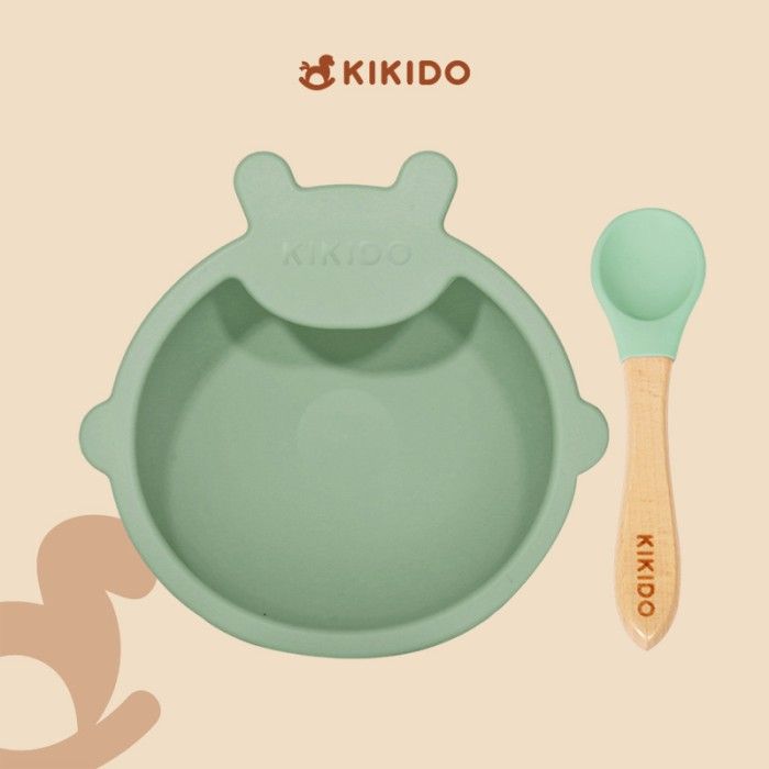 Kikido - Nomnom Bear Feeding Set Pea - Set Alat Makan Silikon Bayi - 1