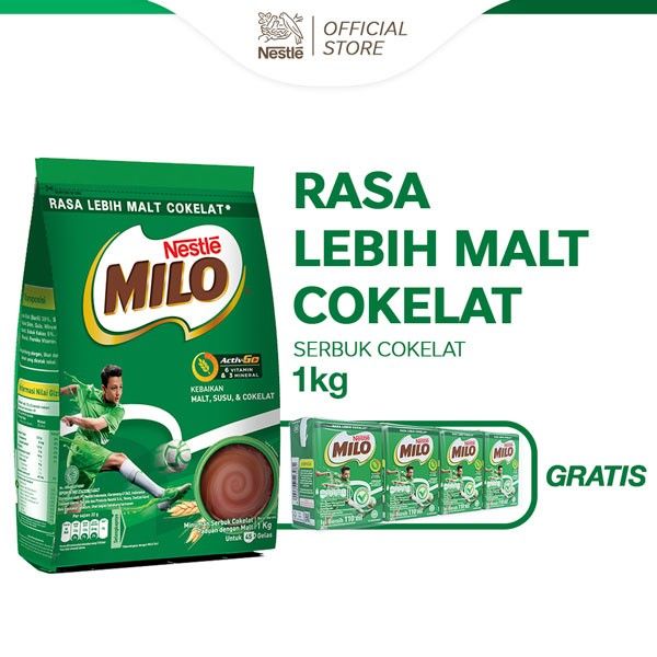 MILO ACTIV-GO Susu Coklat Pouch 1kg Gratis Milo UHT 110ml - 1