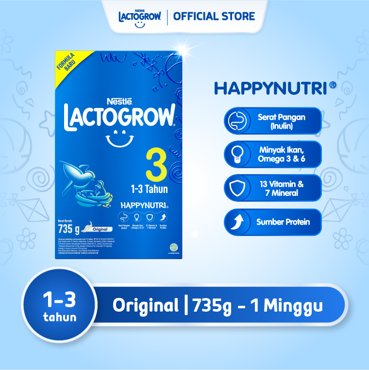 Nestle LACTOGROW 3 Happynutri Plain Susu Anak 1-3 Tahun Box 750g - 1