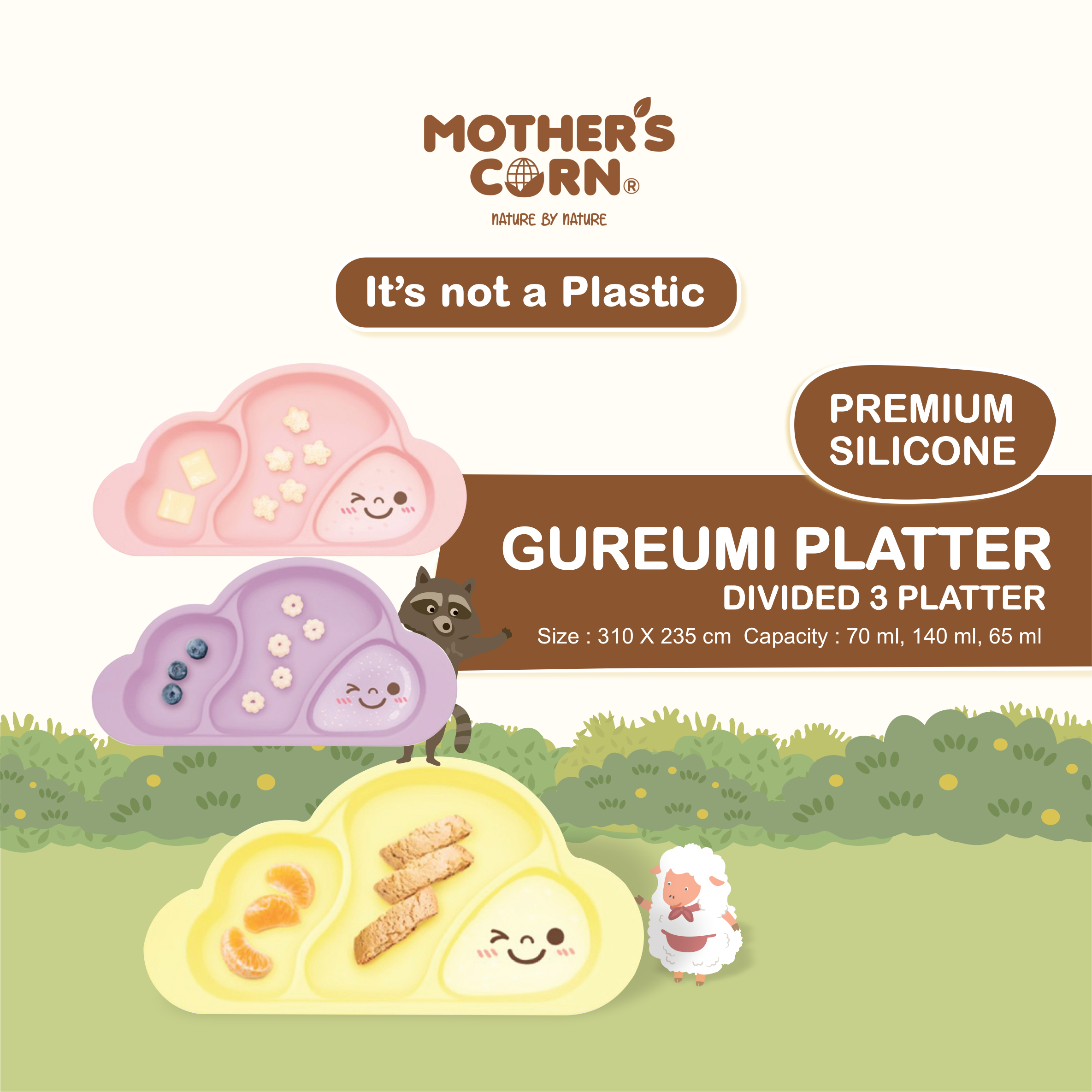Mother's Corn Gureumi Suction Platter Lavender (3 Divided Plate) - 4