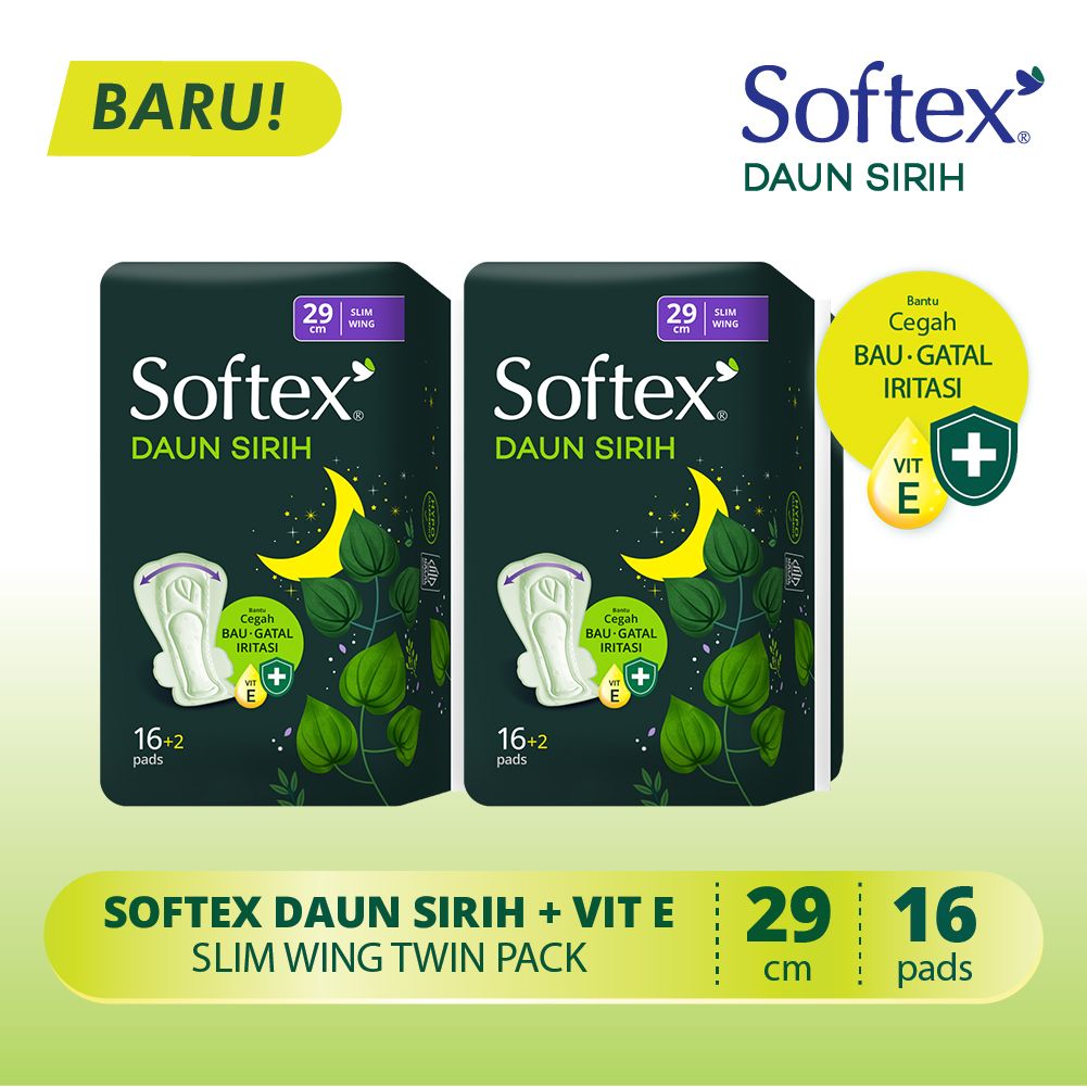 Softex Daun Sirih + Vitamin E 29cm 16+2s x 2 Pack - Pembalut Daun Sirih Malam - 2