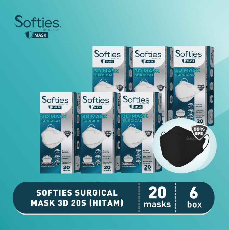 Softies Surgical Mask 3D 20s 6 Box - Hitam - 1