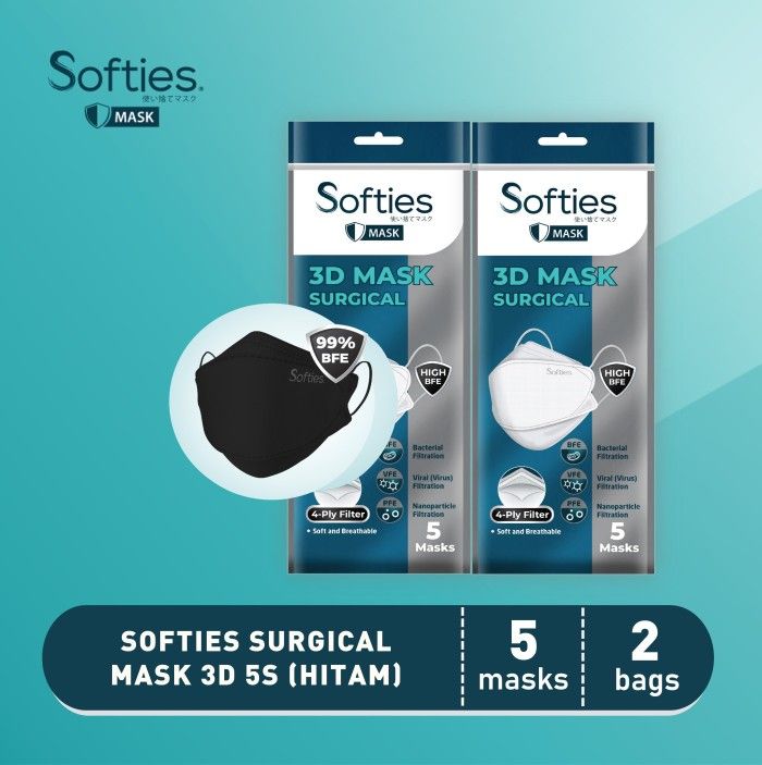 Softies Surgical Mask 3D 5s Twinpack - Hitam - 1
