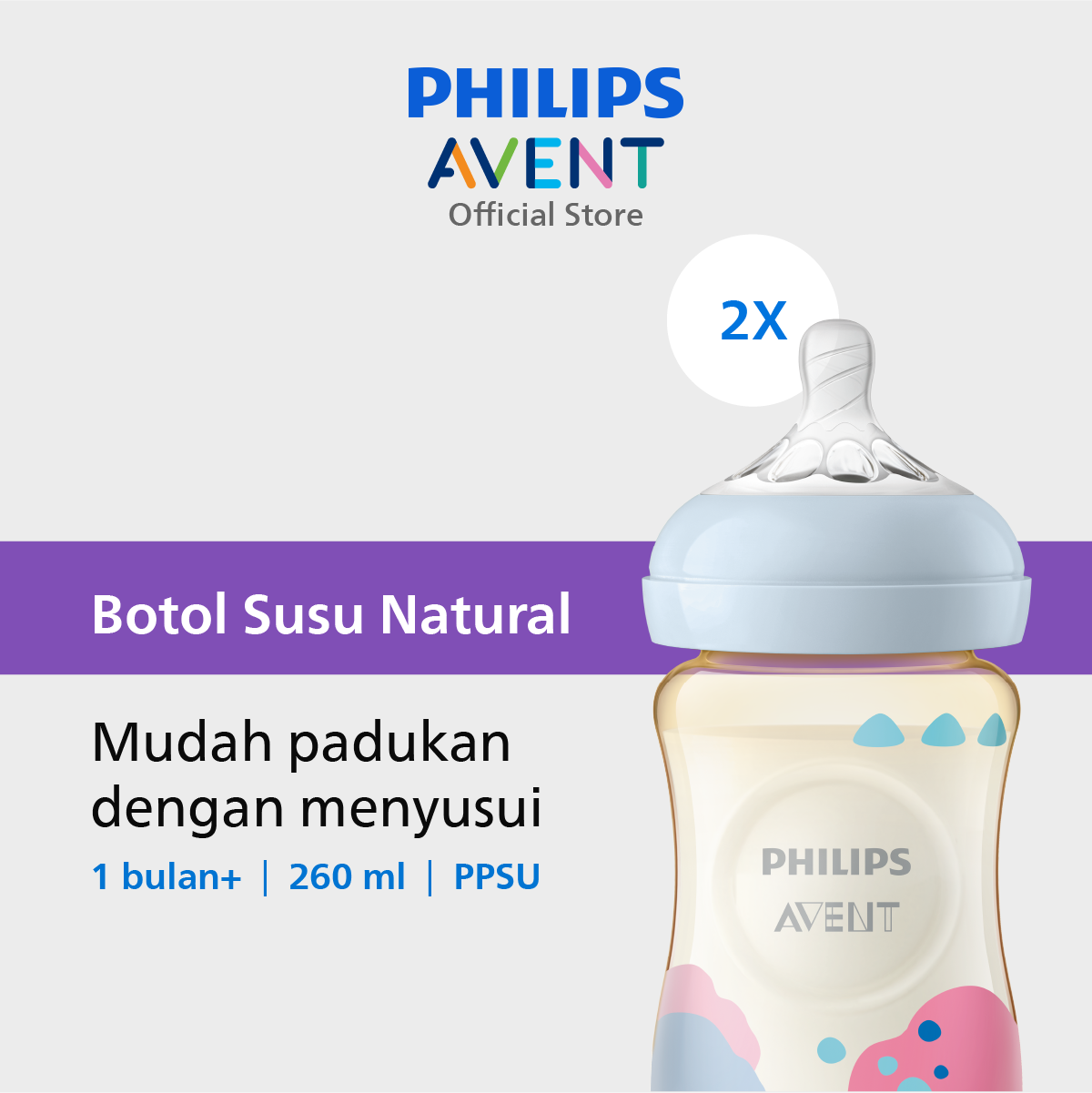 Philips Avent Natural PPSU Twin Bottle 1M+ 260ml SCF582/20 Botol Bayi - 1
