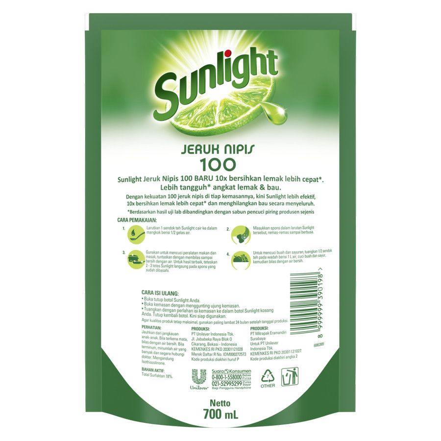 Sunlight Sabun Cuci Piring Jeruk Nipis Refill 700Ml Twinpack - 3