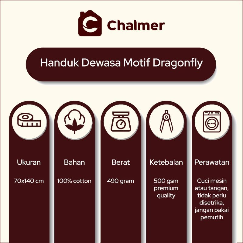 Handuk Mandi Chalmer 70 x 140 cm Motif Dragonfly Handuk Mandi Dewasa Premium - Lilac - 3