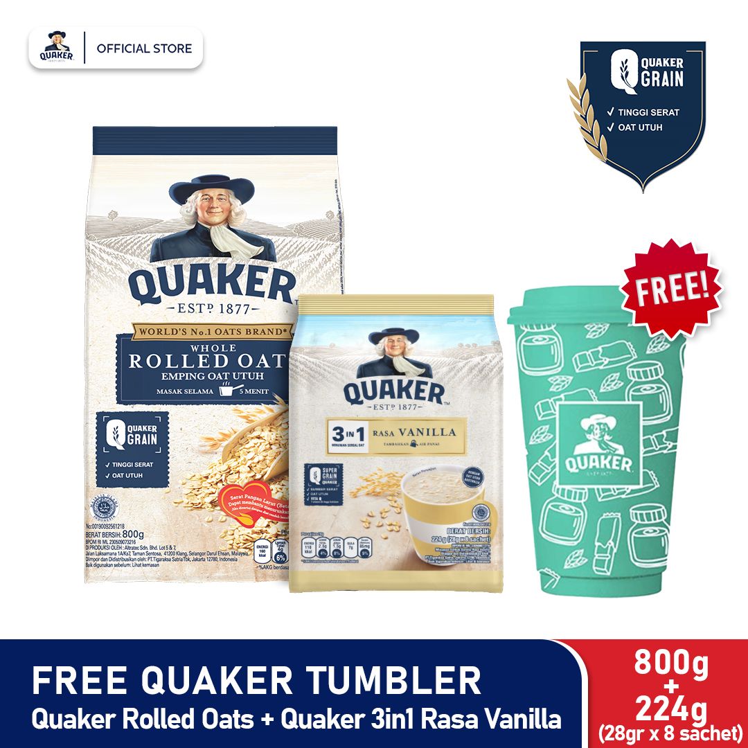 Quaker Rolled Oats 800g + 3in1 Vanilla Polybag 224g Free Tumbler - 1