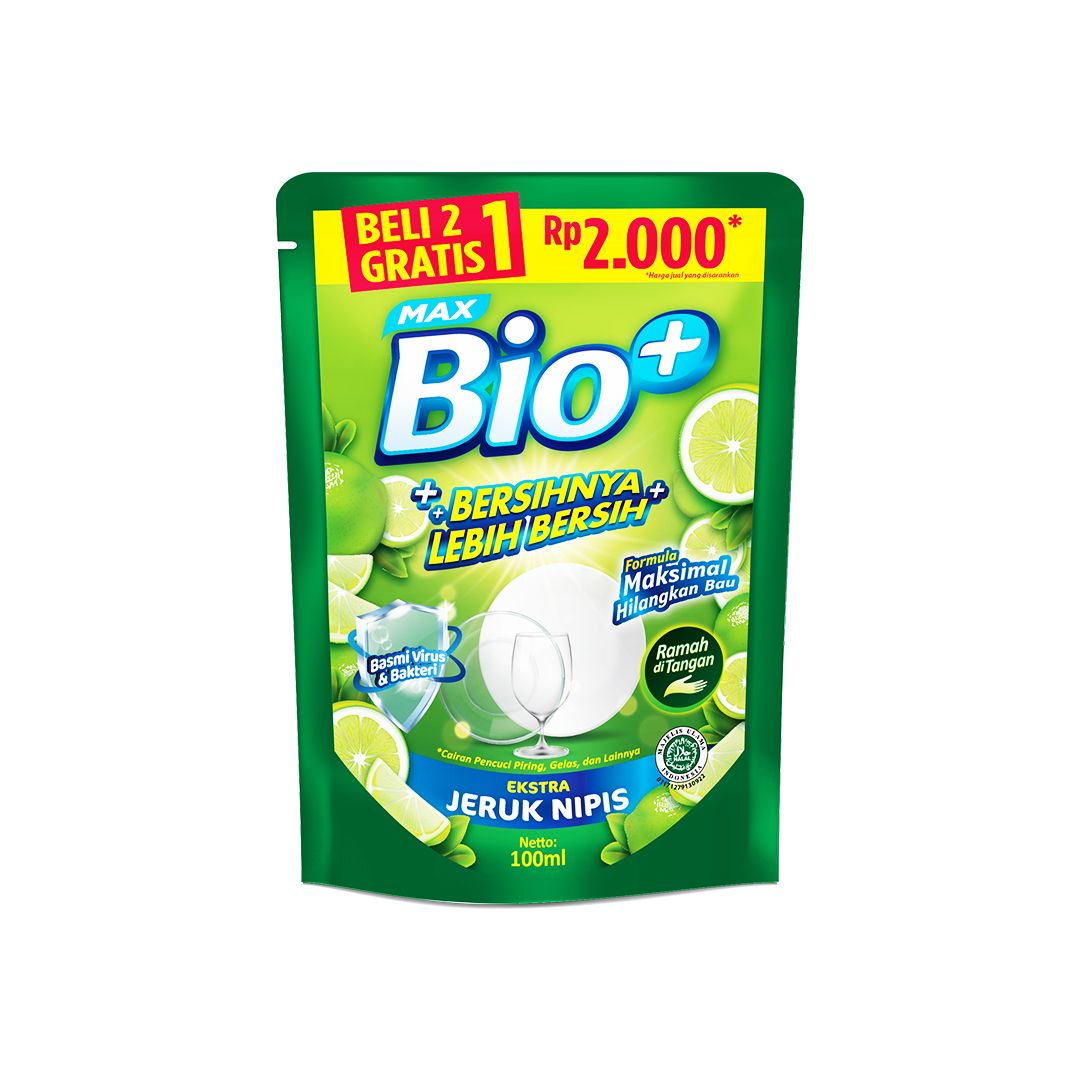 Bio+ Sabun Cuci Piring Jeruk Nipis Anti Bakteri Pouch 10 x 100 ml - 2