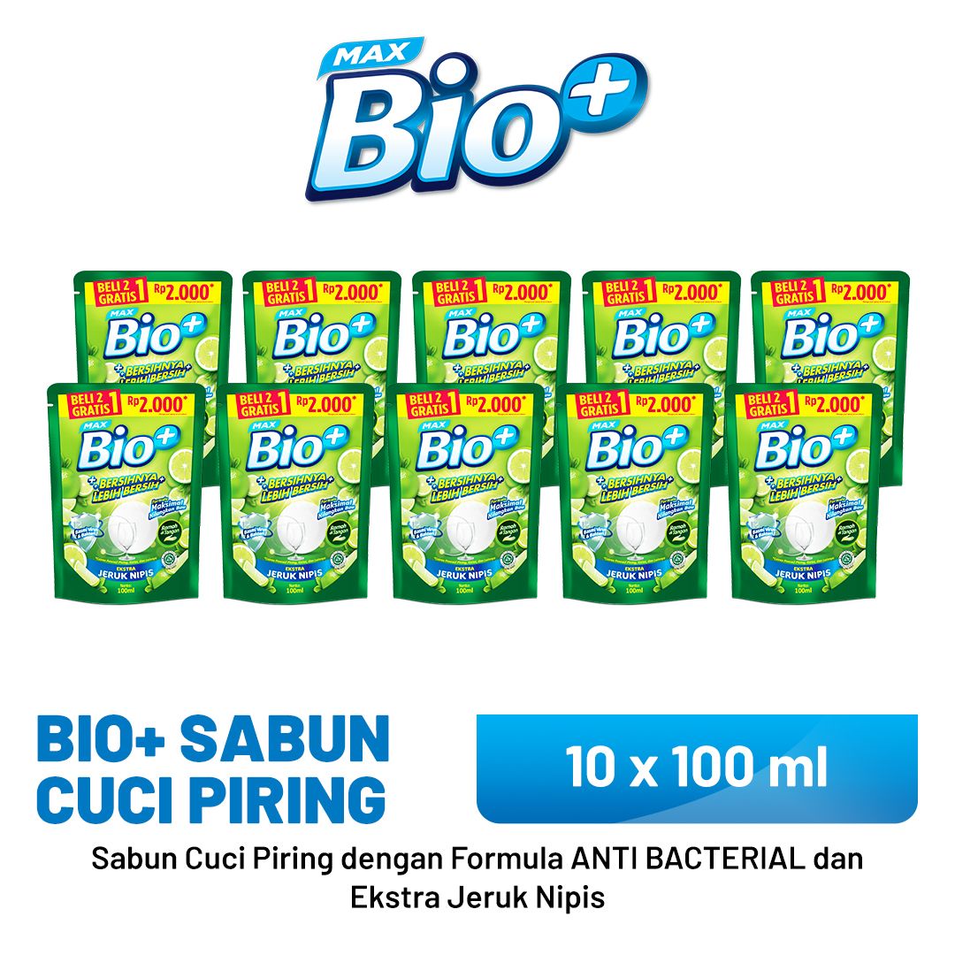 Bio+ Sabun Cuci Piring Jeruk Nipis Anti Bakteri Pouch 10 x 100 ml - 1