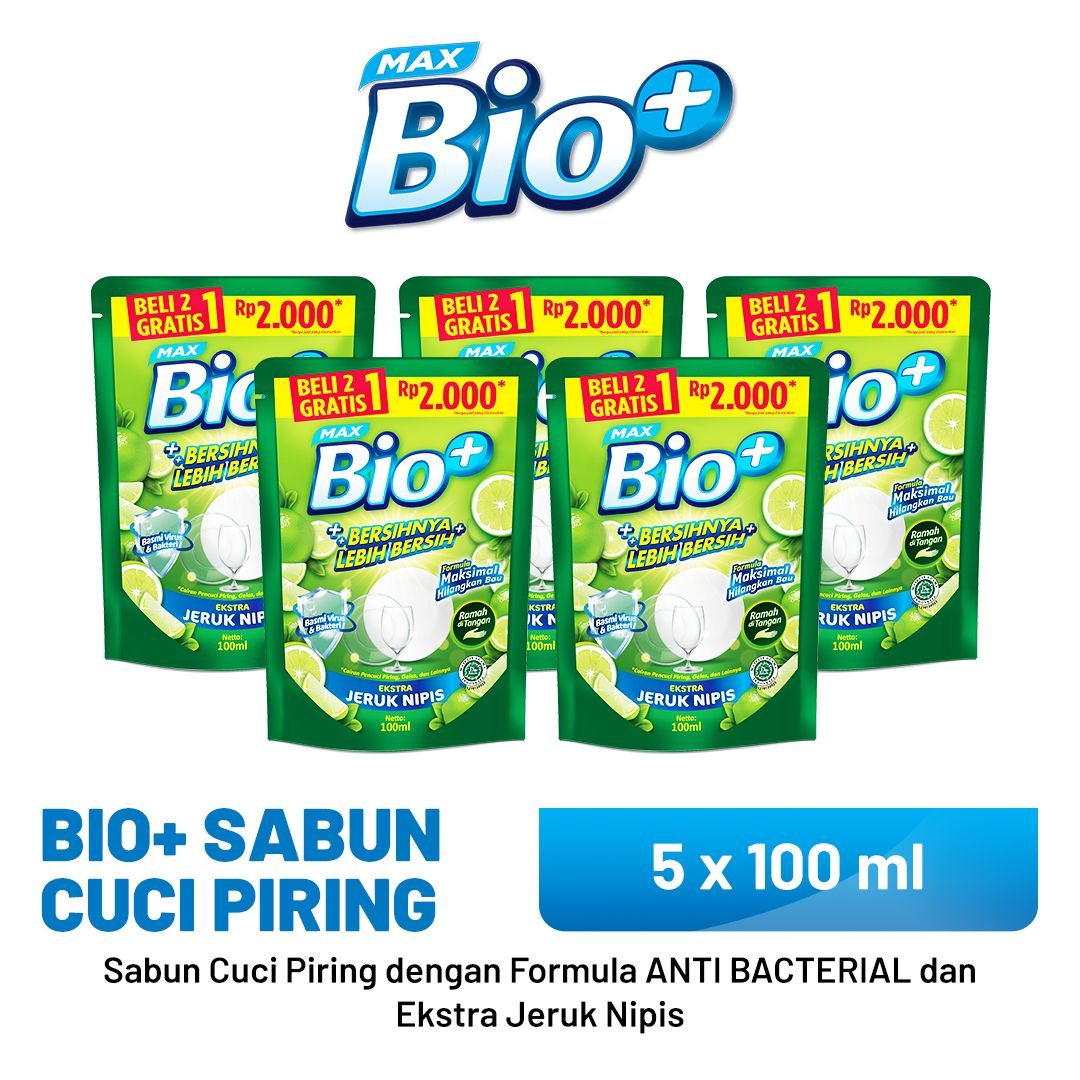 Bio+ Sabun Cuci Piring Jeruk Nipis Anti Bakteri Pouch 5 x 100 ml - 1