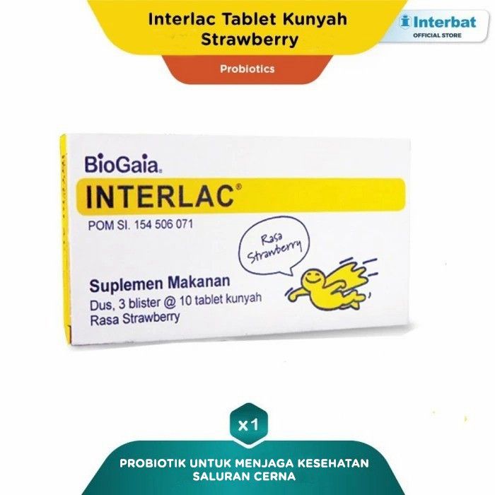 Interlac Probiotik Tablet Kunyah Strawberry - @ 10 tablet 3 Strip - 1
