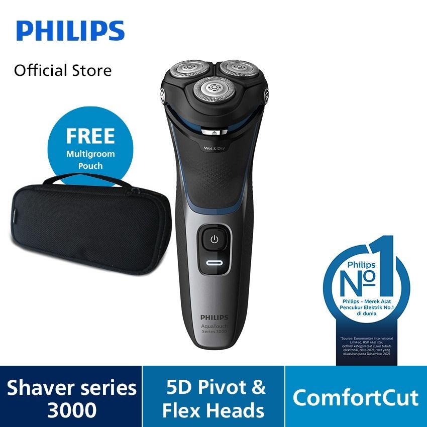 Philips Aquatouch Shaver 3100 Series S3122/51 Pencukur Jenggot & Kumis Free Philips Shaver Pouch - 1