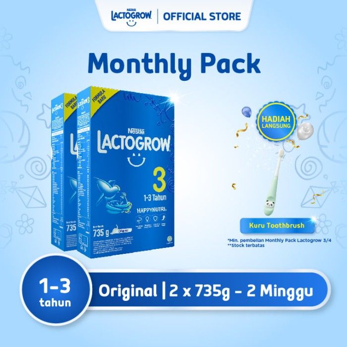 Nestle LACTOGROW 3 Happynutri Plain Susu Box 735g x 2pcs + Hadiah - 1