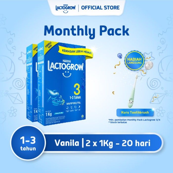 Nestle LACTOGROW 3 Happynutri Vanilla Susu Box 1Kg x 2pcs + Hadiah - 1