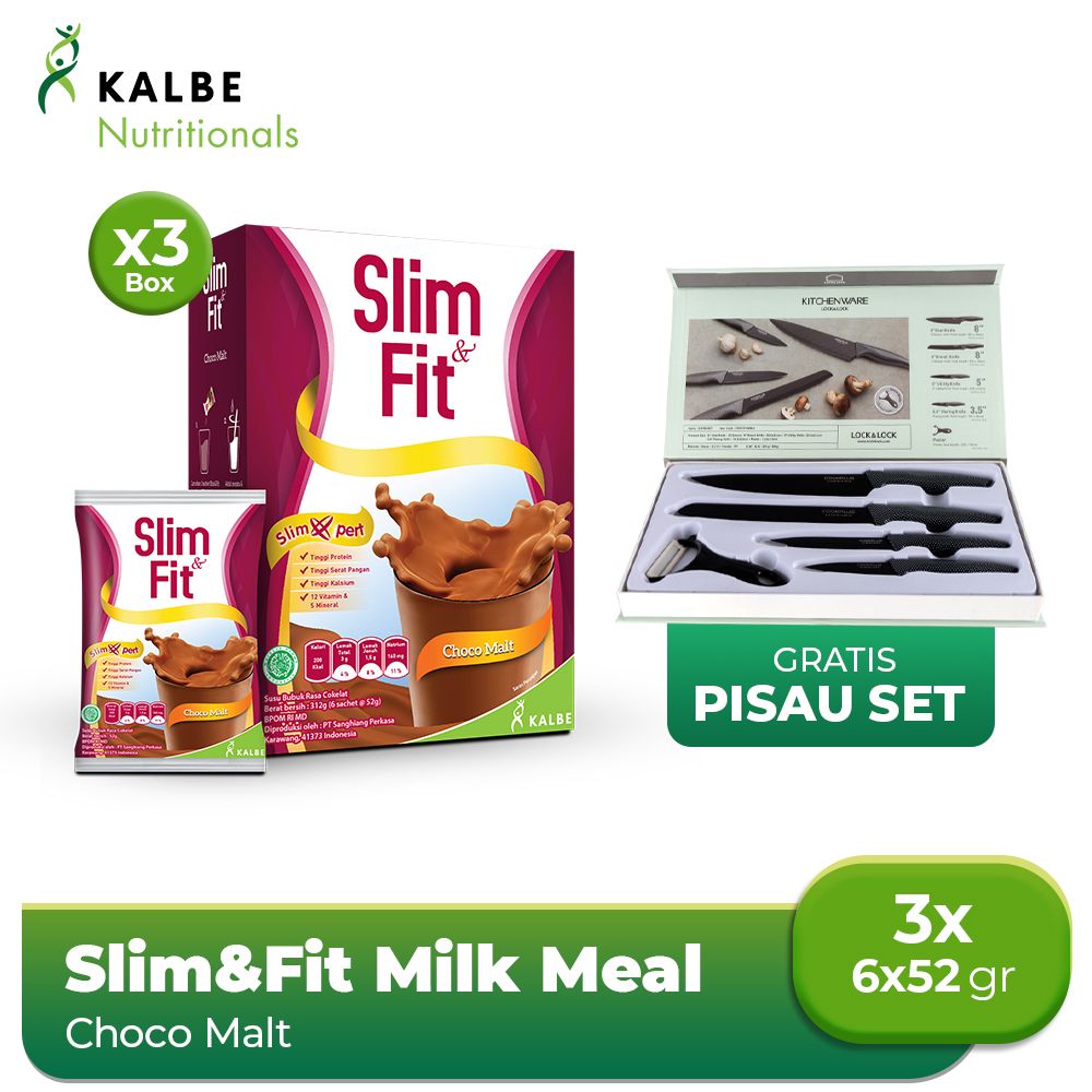 Slim&Fit Milk Meal Replacement Choco Malt 6x52 gr 3pcs free Pisau Set - 1