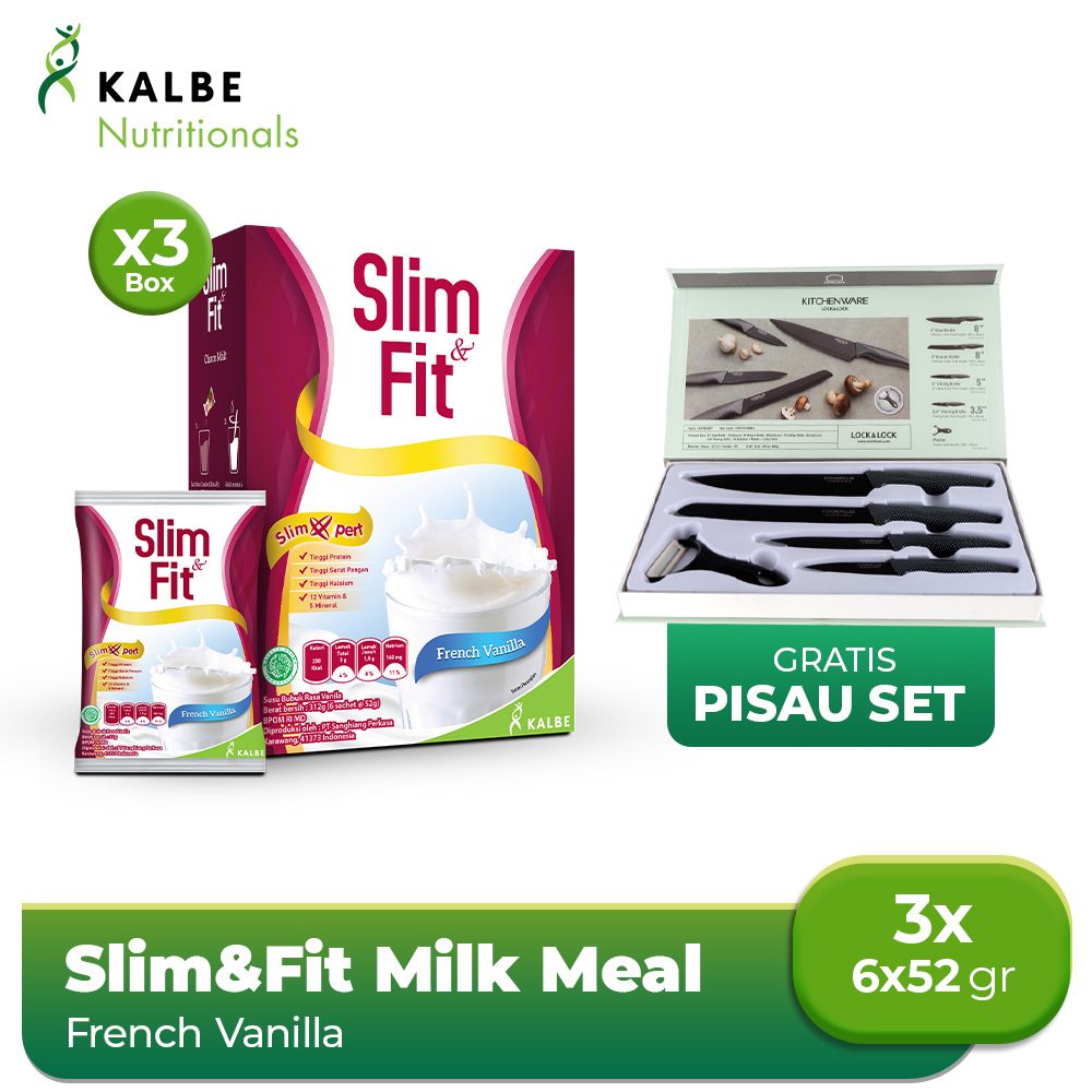 Slim&Fit Milk Meal Replacement French Vanilla 6x52 gr 3pcs free Pisau Set - 1