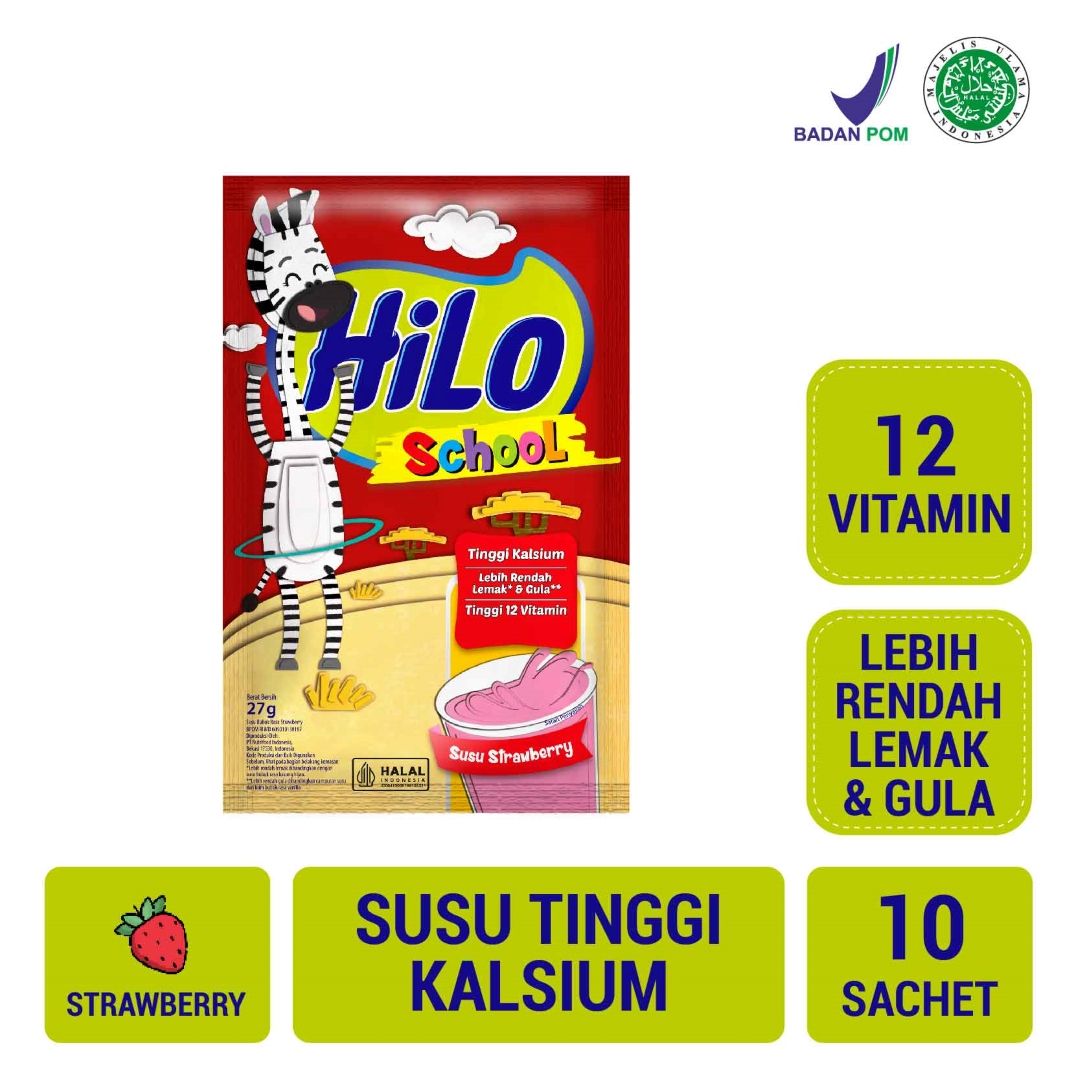 HiLo School Strawberry 10 Sachet - Susu Tinggi Kalsium Lebih Rendah Lemak & Gula - 1
