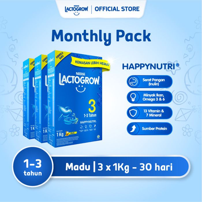 Nestlé LACTOGROW 3 Happynutri Madu Susu Box 1Kg x 3pcs - 1