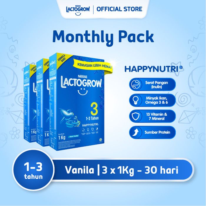 Nestlé LACTOGROW 3 Happynutri Vanilla Susu Box 1Kg x 3pcs - 1