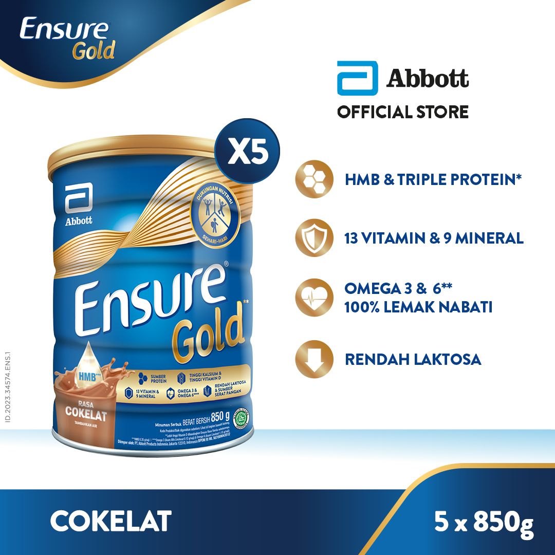 Ensure Gold HMB Cokelat 850 g - Susu Nutrisi Dewasa Rendah Laktosa - 5 pcs - 1