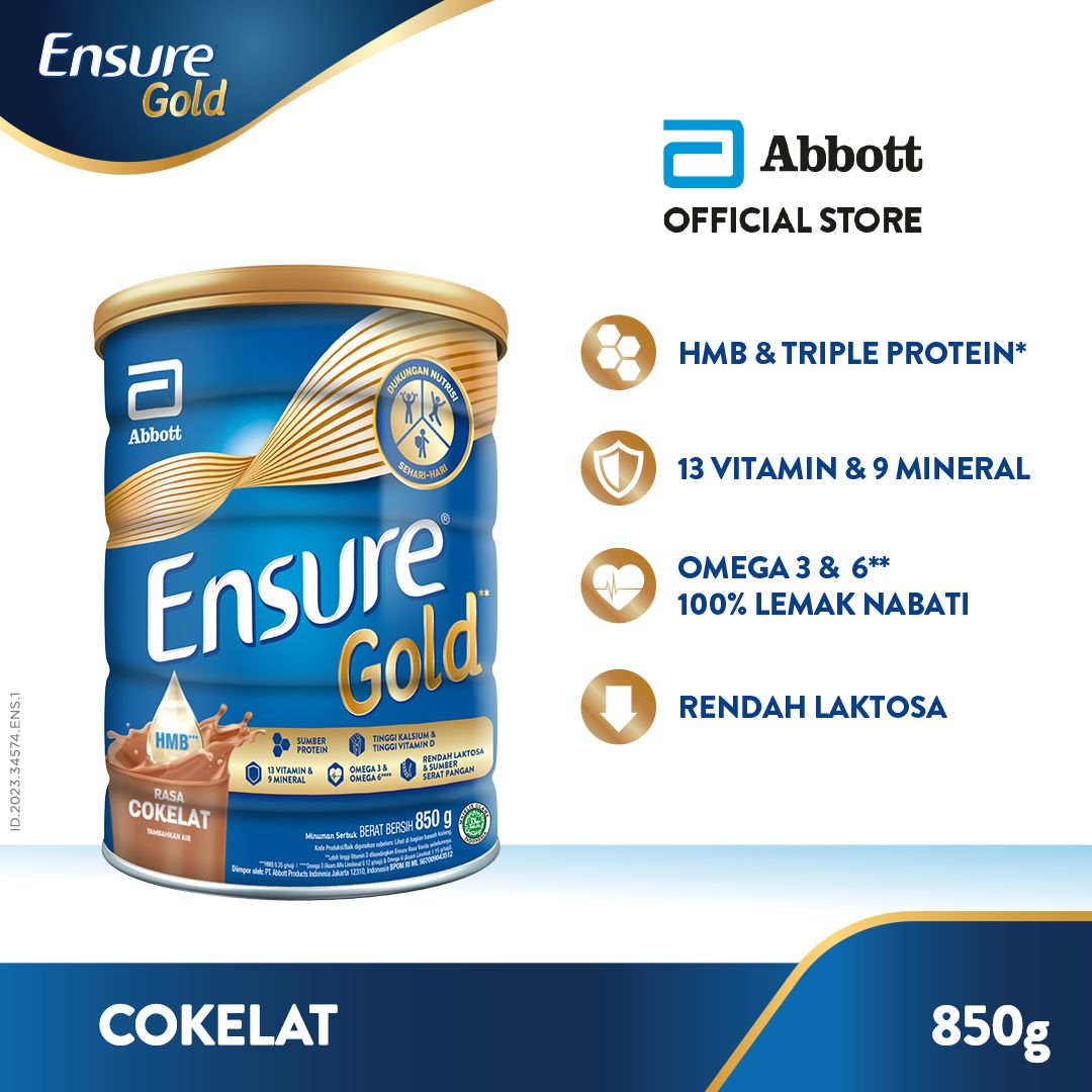 Ensure Gold HMB Cokelat 850 g - Susu Nutrisi Dewasa Rendah Laktosa - 1