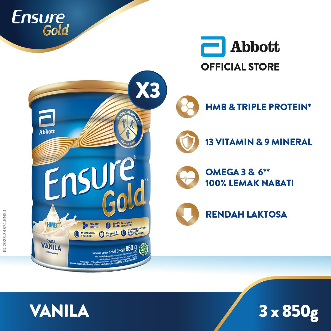Ensure Gold HMB Vanila 850 g - Susu Nutrisi Dewasa Rendah Laktosa - 3 pcs - 1