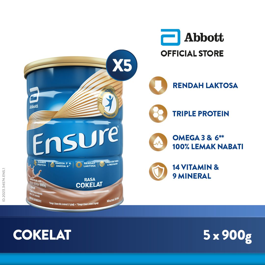 Ensure Cokelat 900 g - Susu Nutrisi Dewasa Rendah Laktosa - 5 pcs - 1