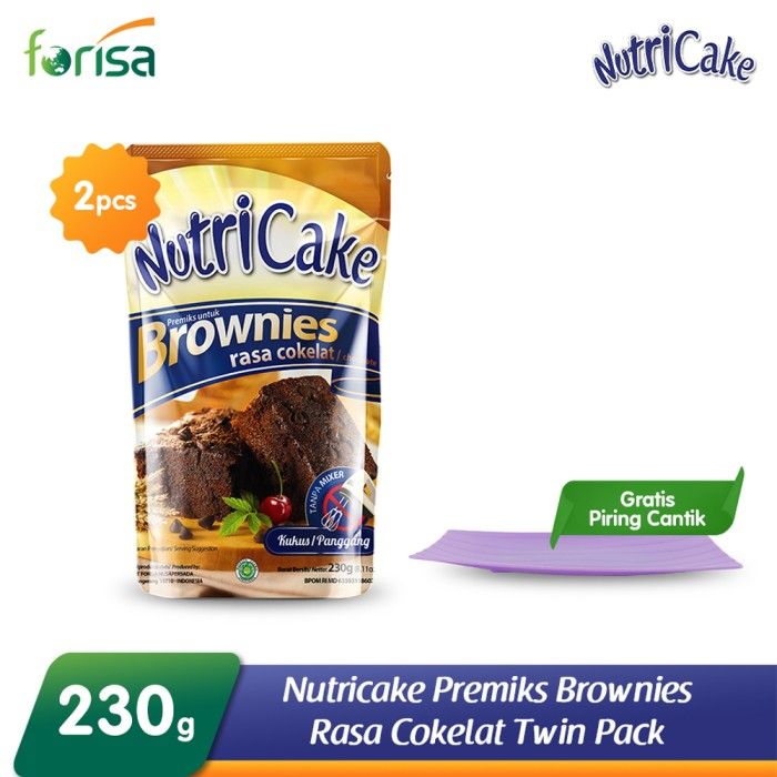 Nutricake Premiks Brownies Coklat 230 gr - Twinpack FREE Piring - 1