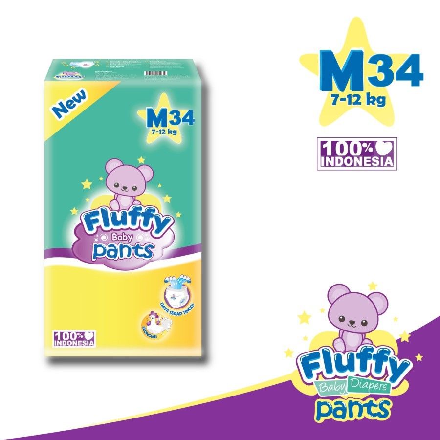 Fluffy Popok bayi Celana M isi 34 Lembar Baby Diapers Pants M34 - 1