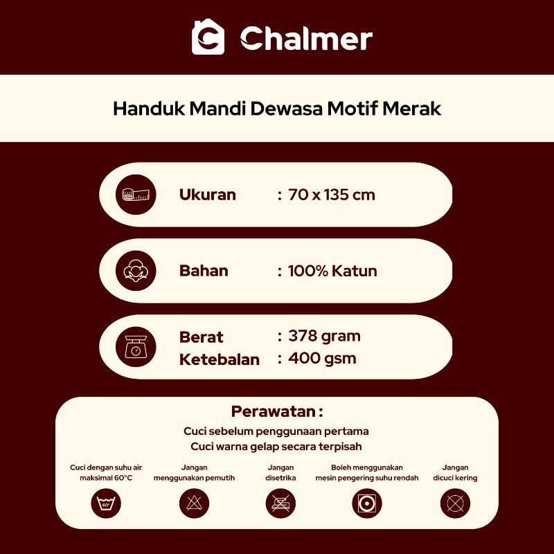 Handuk Mandi Chalmer 70 x 135 cm Motif Merak Handuk Mandi Dewasa Ukuran Besar - Cokelat Tua - 2