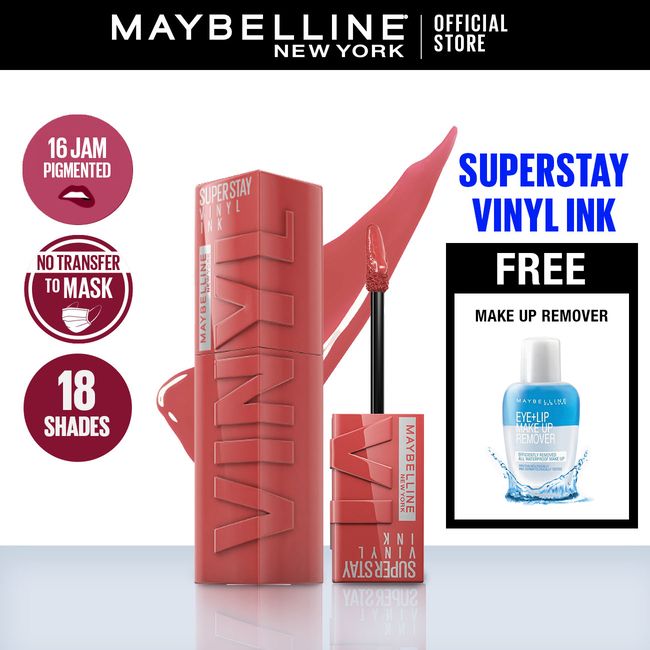 Maybelline Superstay Vinyl Ink - 15 Peachy + Free Make Up Remover - 1