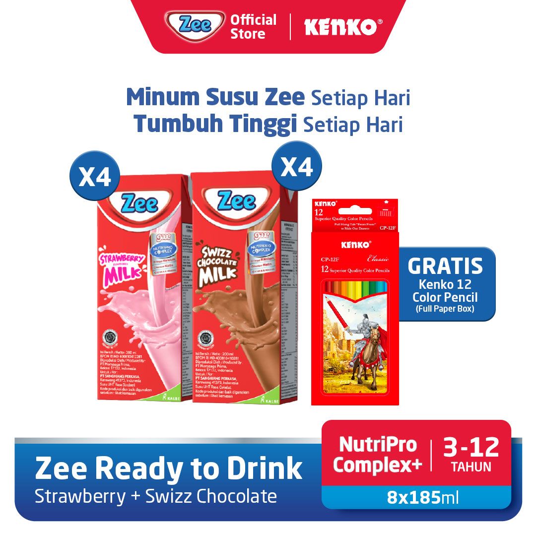 Zee UHT Choco (4pcs) & Strawberry (4pcs) + Kenko Color Pencil 12pcs (Full Paper Box) - 1